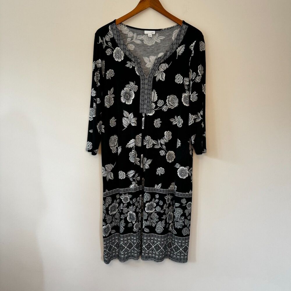 J. Jill Women's Black and White Floral 3/4 Sleeve Knee Length Dress Size Medium